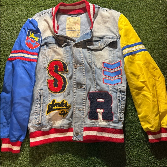 Smoke Rise Denim Co. Other - Mens Stylish Denim Varsity Jacket with Blue and Yellow Sleeves